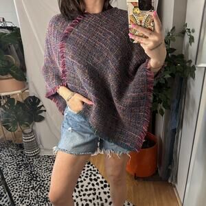 Vintage Purple Wool Fringe Hem Shawl Small